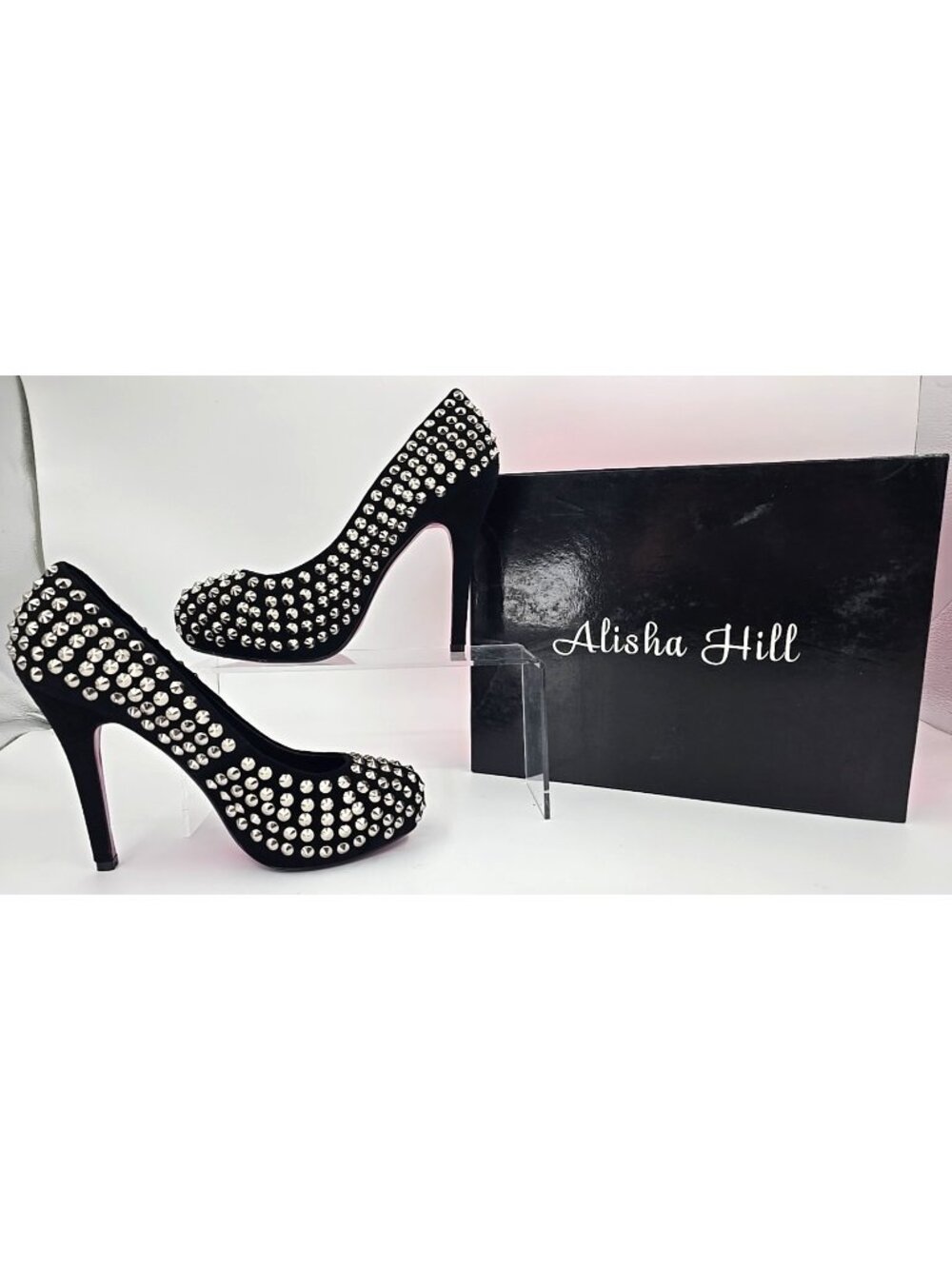 Alisha Hill S1071 Black Stiletto Pumps Silver Studded Rockabilly Goth Sexy 7.5